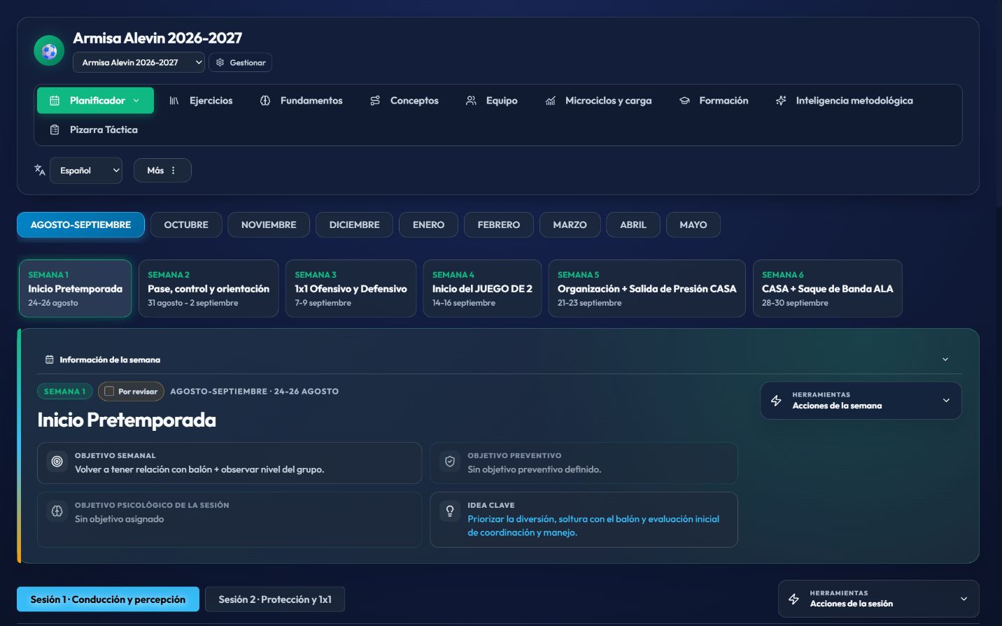 Vista real del planificador de temporada de FutsalPlan